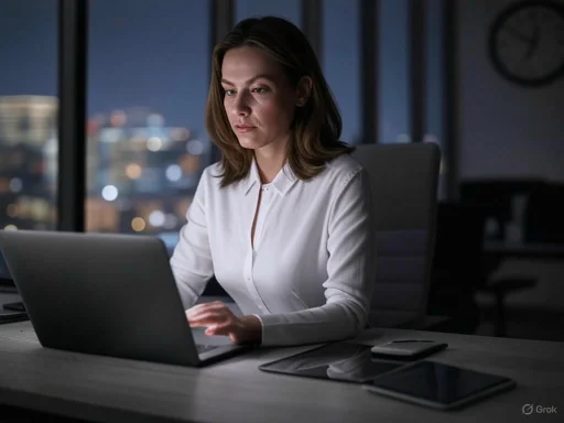 A woman works on a laptop in a dimly lit office at night with city lights visible outside the window.