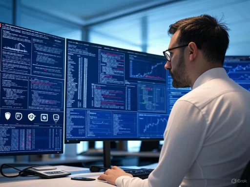 A man analyzing financial data on multiple large screens in a modern office environment. A man analyzing financial data on multiple large screens in a modern office environment.