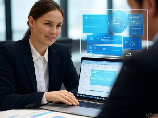 A woman in a business suit discusses with a colleague during a virtual presentation or meeting.