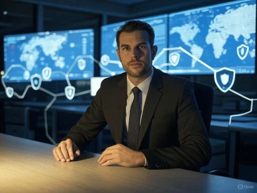 A businessman in a suit sitting at a desk with digital security and global maps displayed on screens behind him.