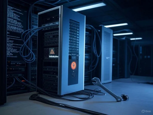 A server rack with a tool, wiring, and a power button in a data center.