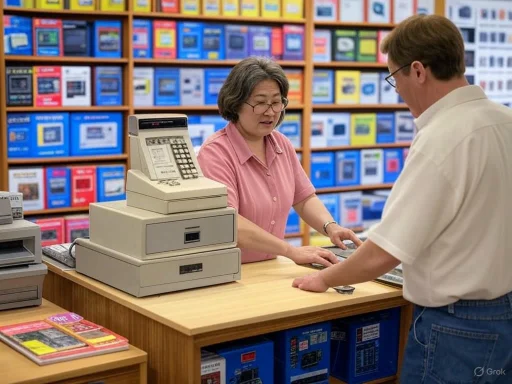 A customer pays at a bookstore checkout counter with shelves filled with books in the background. A customer pays at a bookstore checkout counter with shelves filled with books in the background.