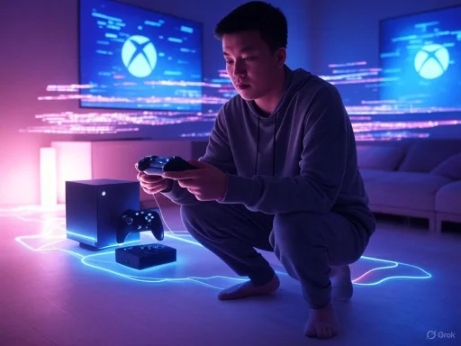 A person crouches and plays a video game on a console in a room illuminated by neon-colored lights and Xbox screens.
