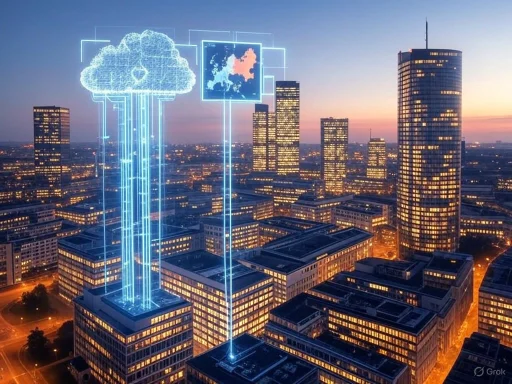 Digital cloud storage concept illustrated above a city skyline with tall buildings at sunset.
