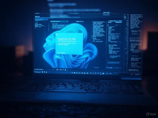 A laptop displaying a blue-themed coding interface with a pop-up notification in a dark environment.