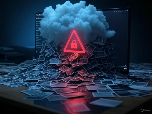 A computer screen with a cloud and warning symbol, surrounded by scattered photographs, illustrating a data breach or security threat.