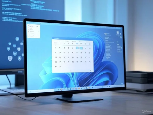 A computer monitor displays a calendar on a Windows desktop in a modern office setting.