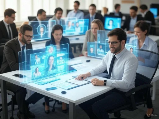 Business professionals interacting with holographic digital profiles in a modern conference room.