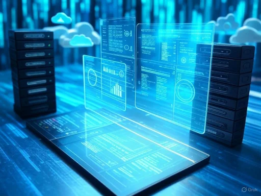 Futuristic digital data analysis with holographic screens displaying charts and graphs against server racks.