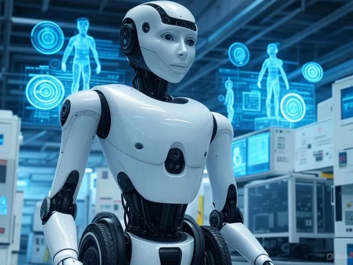 A humanoid robot with a human-like face, in a high-tech lab with digital human displays in the background. A humanoid robot with a human-like face, in a high-tech lab with digital human displays in the background.