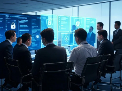 Business professionals in a high-tech conference room reviewing digital security and privacy screens.