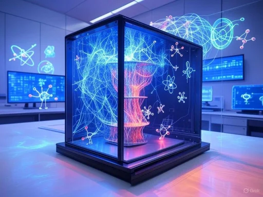 A digital holographic display of a brain with neural and molecular graphics in a modern lab setting.
