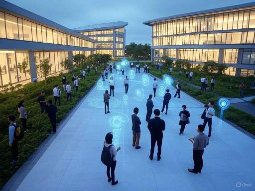 Students gather outdoors at a modern campus with digital holograms projected on the ground during evening.