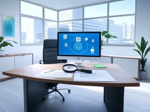 A modern office with a wooden desk, computer, magnifying glass, documents, and large windows overlooking city buildings.