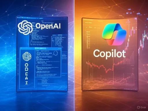 The image depicts a juxtaposition of two futuristic digital screens representing OpenAI and Copilot, with data visualizations and a tech-inspired background.