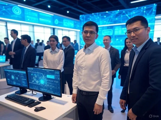 A group of professionals in business attire gather around technology monitors at a high-tech conference or exhibition.