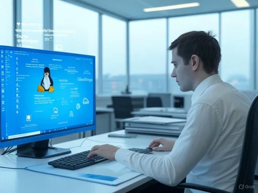 A man working at a desk with multiple screens in a modern office with large windows.