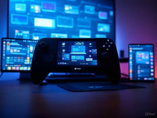A gaming controller captures its screen reflecting multiple monitors with colorful interfaces in a dimly lit setup.