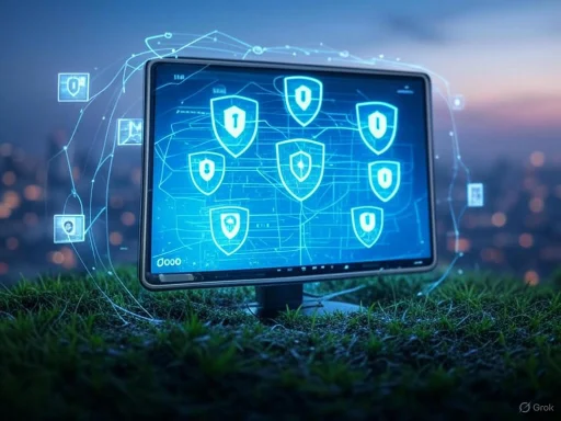 A digital security system with shield icons on a monitor, symbolizing cybersecurity protection, outdoors at dusk.