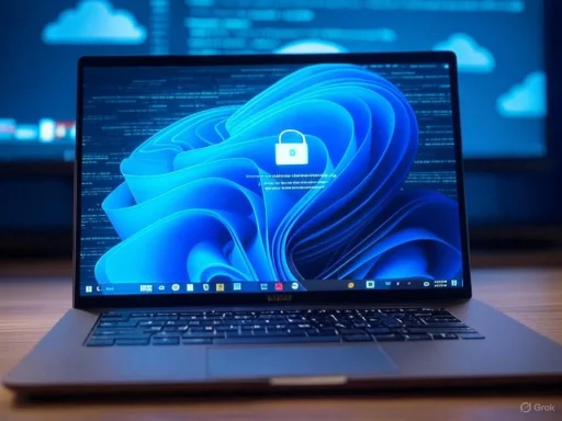 A laptop displaying a locked Windows 11 screen with a blue abstract background.