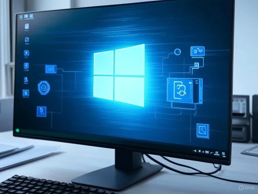 A computer monitor displaying the Windows 10 desktop with various icons and a digital diagram background.