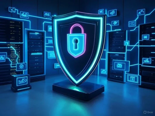 A neon-lit security shield with a lock symbol displays digital protection in a high-tech server room.