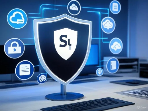 A digital shield with a security symbol and cloud icons representing cybersecurity and data protection.