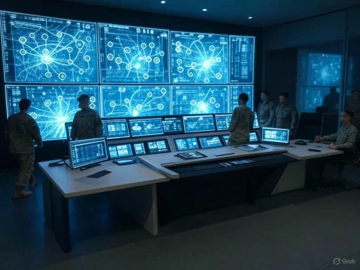 Military personnel monitor network activity on multiple screens in a high-tech command center.