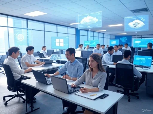 Team of professionals working on laptops in a modern, high-tech office with digital displays on the walls.