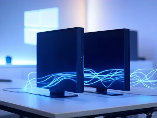 Two computer monitors on a table connected with glowing blue wave-like lines in a tech-themed setting.