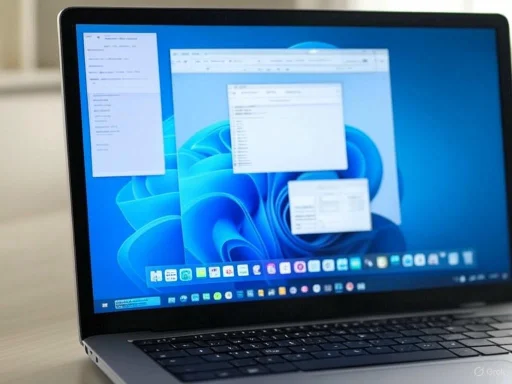 A MacBook laptop displaying multiple open windows and a vibrant digital desktop background.