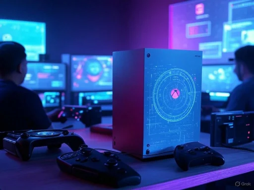 A gaming or cybersecurity setup with multiple screens, controllers, and a high-tech tower in a dark, neon-lit room. A gaming or cybersecurity setup with multiple screens, controllers, and a high-tech tower in a dark, neon-lit room.