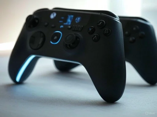 A sleek, black gaming controller with illuminated accents placed on a white surface.