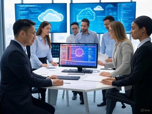 A diverse team of professionals collaborates around a table with multiple monitors displaying cloud computing graphics.