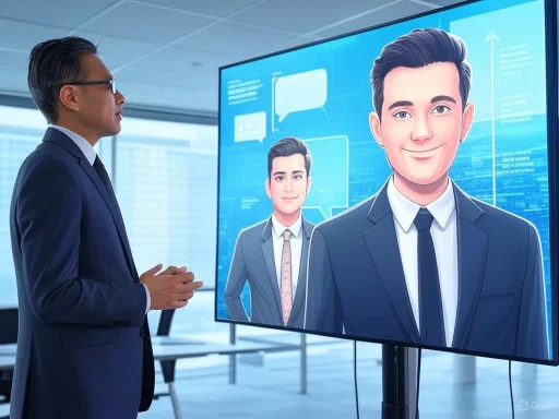 A businessman observes a large digital screen displaying animated portraits of two professional-looking men in an office setting.