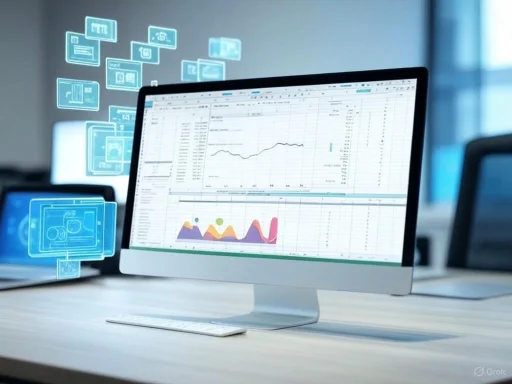 A computer monitor displays spreadsheets with charts in an office setting, surrounded by digital data icons. A computer monitor displays spreadsheets with charts in an office setting, surrounded by digital data icons.
