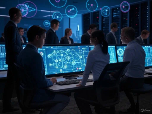 Team of professionals analyzing complex data on multiple digital screens in a high-tech control room.