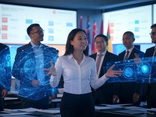 A woman presents futuristic digital holograms to a diverse business audience in a high-tech conference room. A woman presents futuristic digital holograms to a diverse business audience in a high-tech conference room.