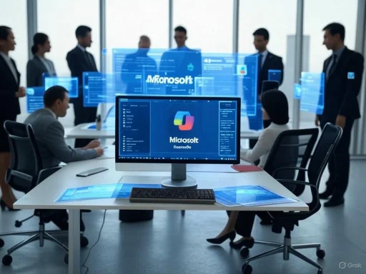 A futuristic business meeting with holographic displays and digital screens featuring Microsoft and other tech branding.