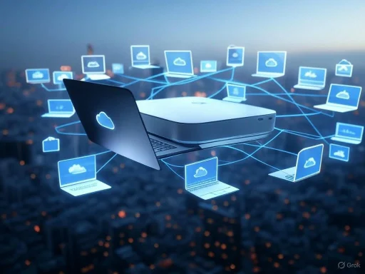 A central device connects multiple laptops and cloud icons, illustrating cloud computing and data sharing networks.
