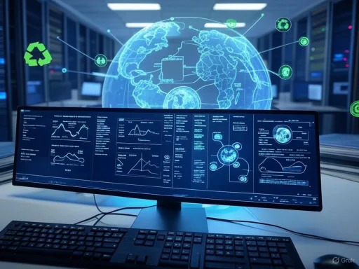 A high-tech data analysis room displaying a digital globe and various environmental and statistical graphics on a computer screen.