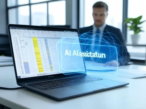A laptop displays a spreadsheet with a virtual overlay reading 'AI Alfositutun,' in a modern office setting. A laptop displays a spreadsheet with a virtual overlay reading 'AI Alfositutun,' in a modern office setting.