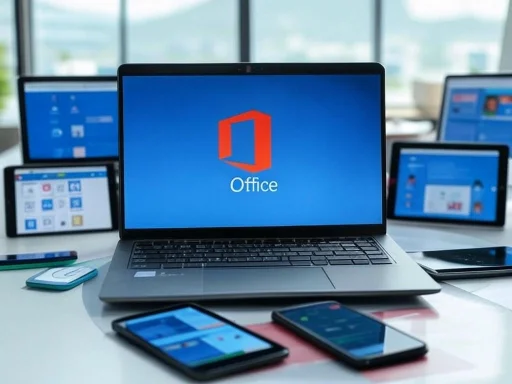 A laptop displaying the Microsoft Office logo is surrounded by tablets and smartphones on a desk in a bright office setting.