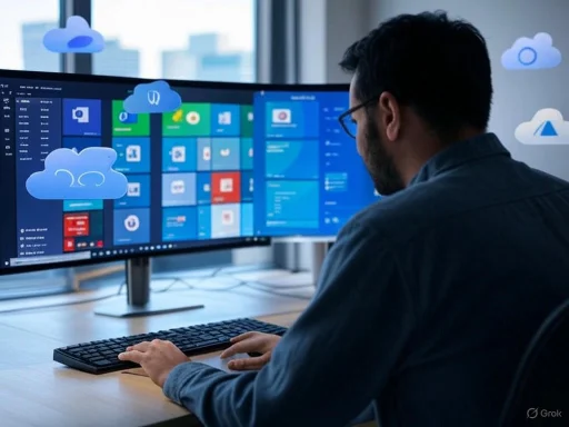 A man working at a desk with multiple screens displaying cloud computing applications and icons. A man working at a desk with multiple screens displaying cloud computing applications and icons.