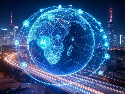 A digital globe representing global connectivity with AI and data icons, overlaid on a cityscape at night.