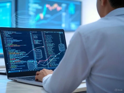 A person analyzes data and code on a laptop with financial charts displayed on a monitor in the background.