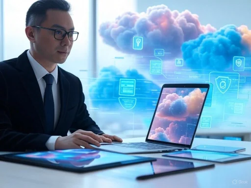 A professional man works on a laptop with cloud and data security icons floating above, indicating cloud technology. A professional man works on a laptop with cloud and data security icons floating above, indicating cloud technology.