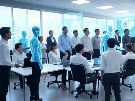 Team members in a futuristic office with holographic digital avatars and global network symbols.