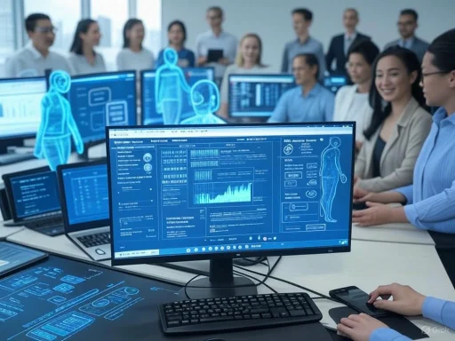 Scientists analyze digital health data and holographic models in a high-tech medical research setting.