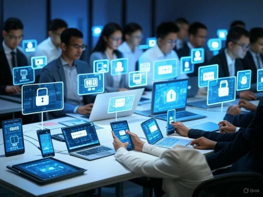 Group of business professionals in a conference room using digital devices with cybersecurity icons displayed. Group of business professionals in a conference room using digital devices with cybersecurity icons displayed.